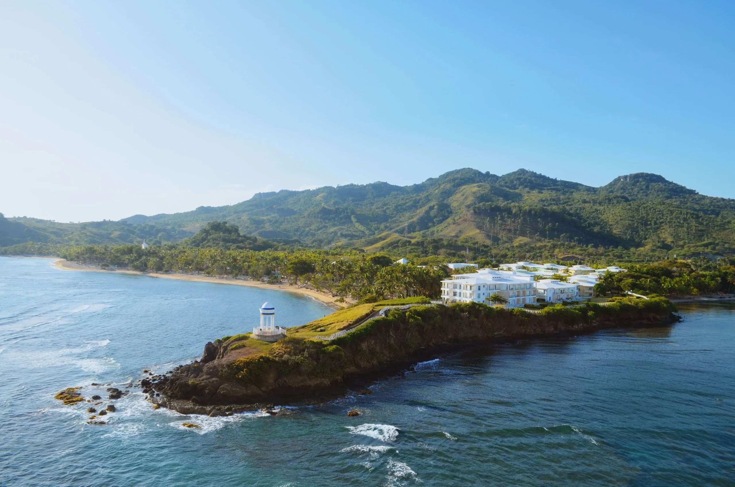 Aerial view of a picturesque resort on the coastline of the Dominican Republic.