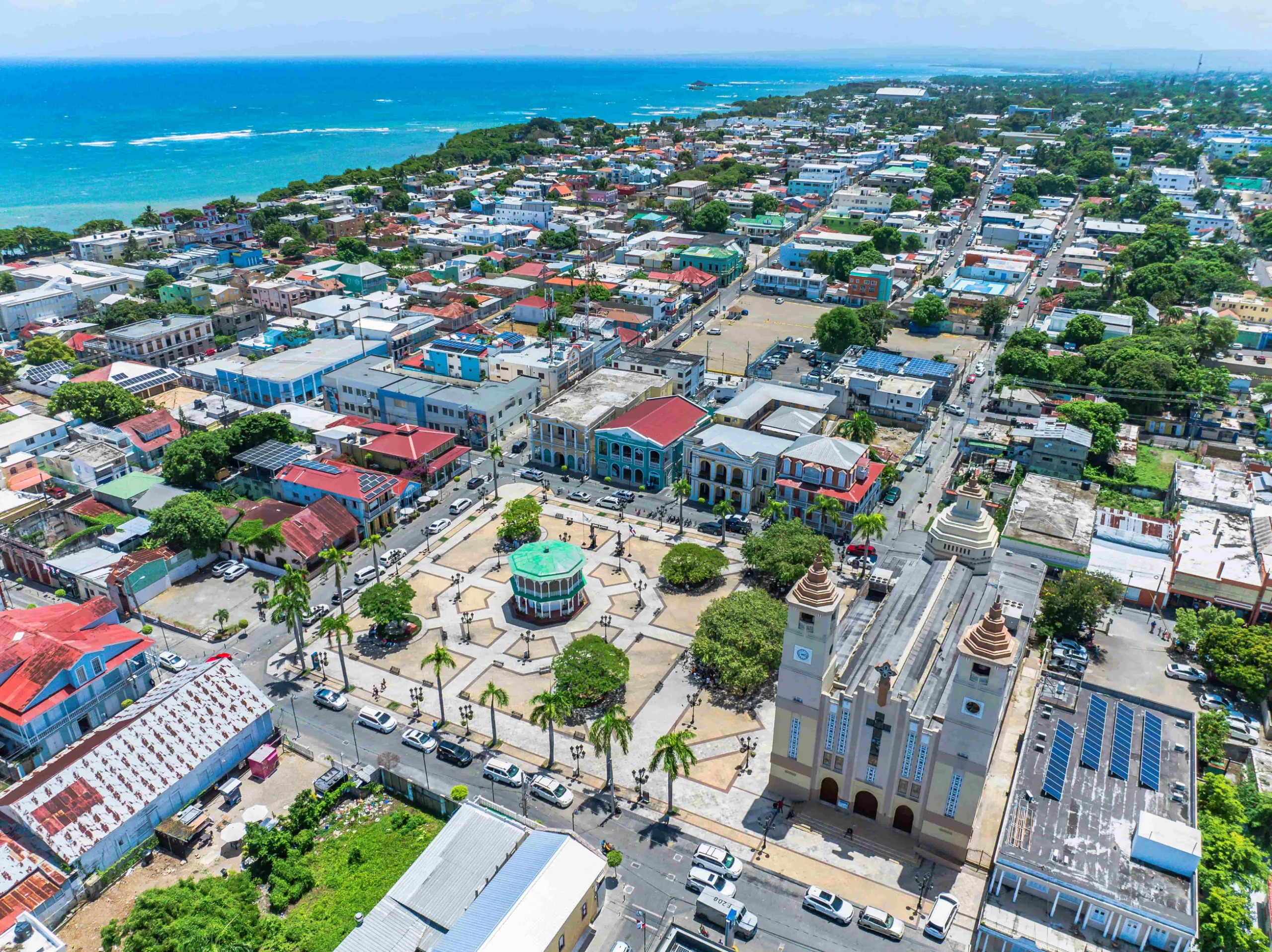Aerial view of Puerto Plata's vibrant cityscape showcasing historic architecture and coastal beauty.